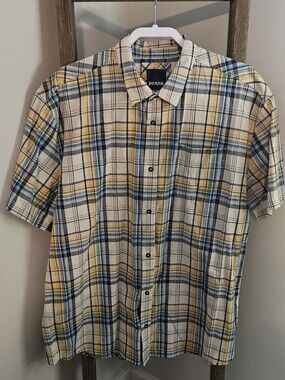 PrAna Men's Short Sleeve Plaid Button-Down Shirt - Cream, Blue & Yellow